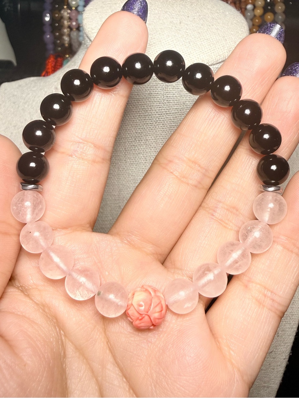 Rose Quartz & Black Onyx Lotus Bracelet